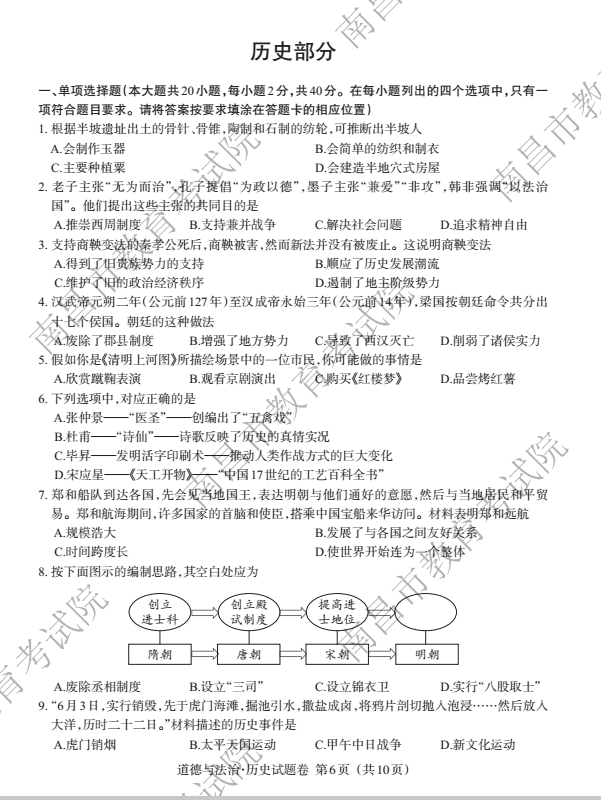 2023年上饒市中考?xì)v史試卷真題及答案