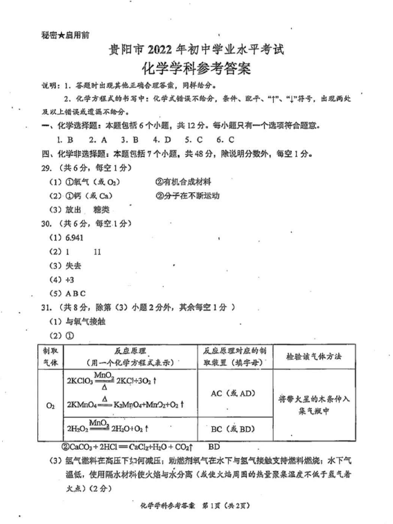 2023年貴陽市中考化學(xué)試卷真題及答案