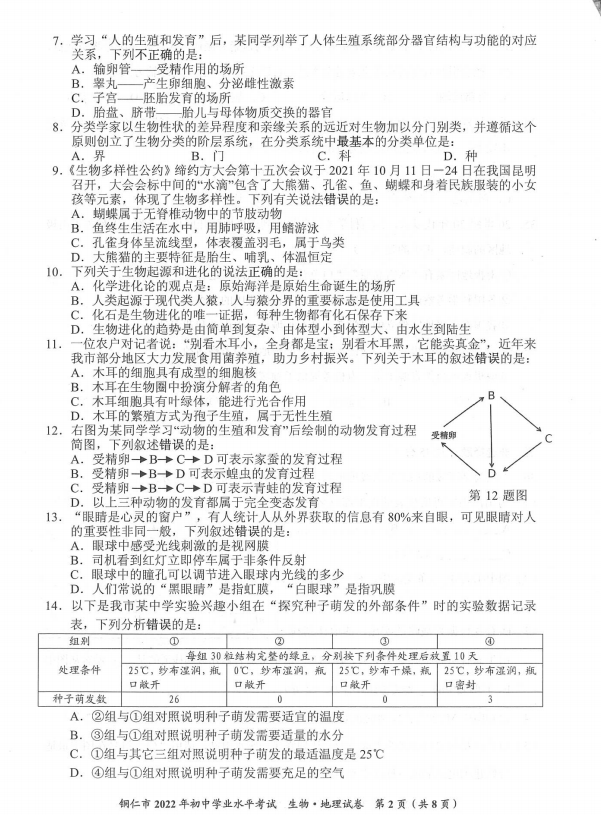 2023年銅仁市中考生物試卷真題及答案