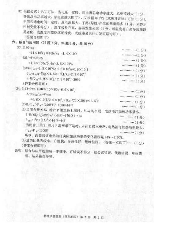 2023年七臺河市中考物理試卷真題及答案