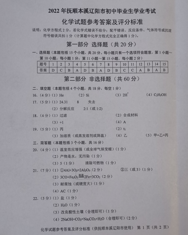 2023年撫順市中考化學試卷真題及答案