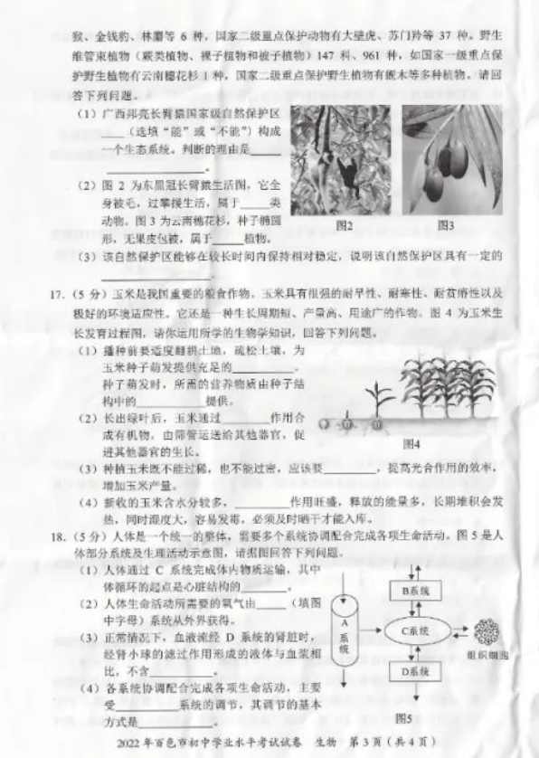 2023年百色市中考生物試卷真題及答案