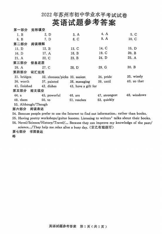 2023年蘇州市中考英語試卷真題及答案