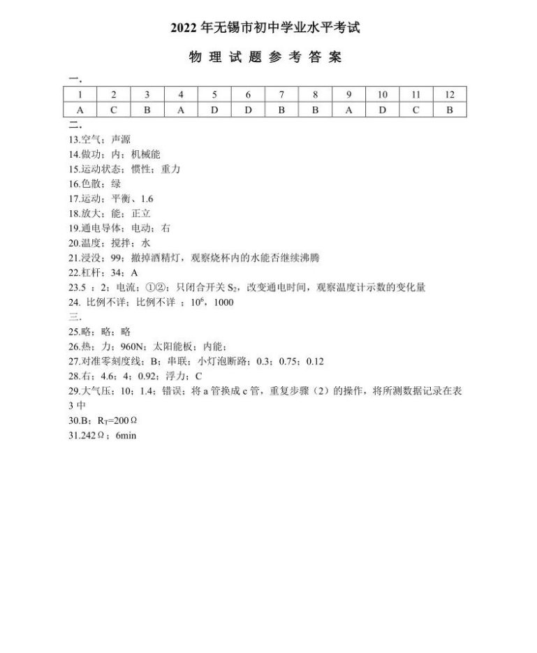 2023年無錫市中考物理試卷真題及答案