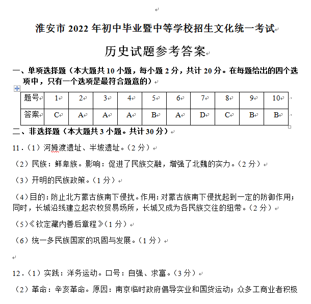 2023年淮安市中考歷史試卷真題及答案