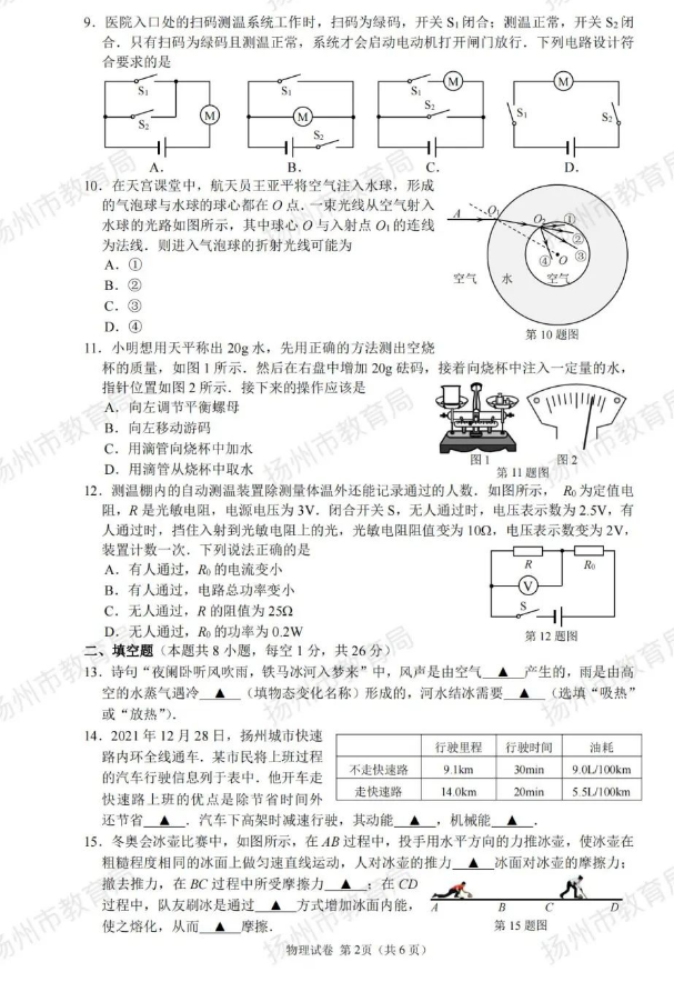 2023年揚(yáng)州市中考物理試卷真題及答案