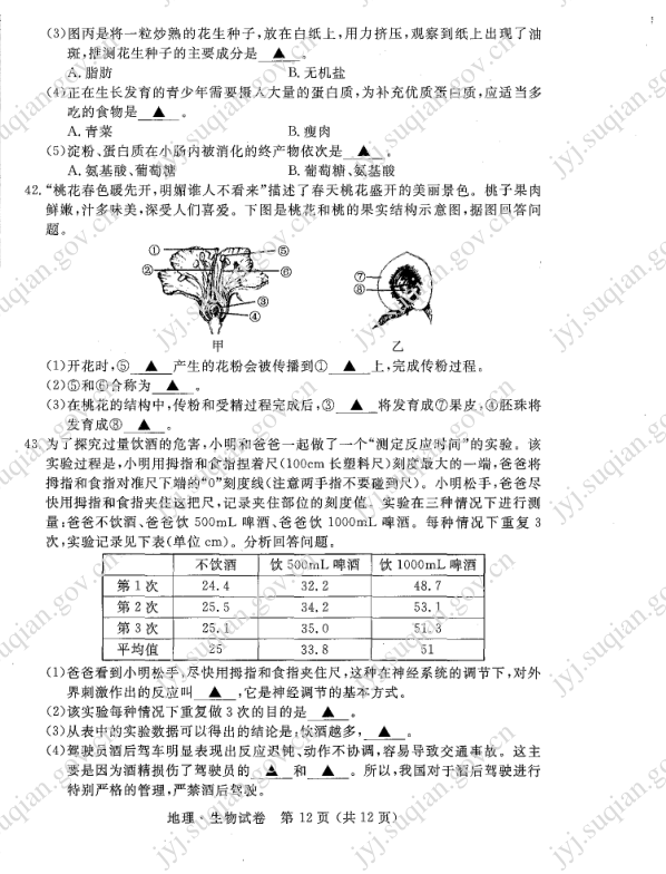 2023年宿遷市中考生物試卷真題及答案