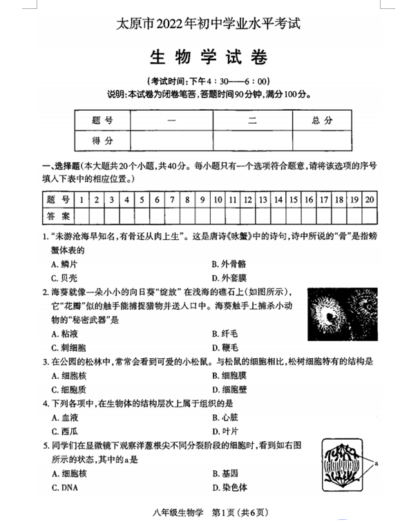 2023年山西中考生物試卷真題及答案