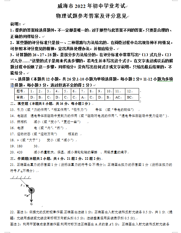 2023年威海市中考物理試卷真題及答案