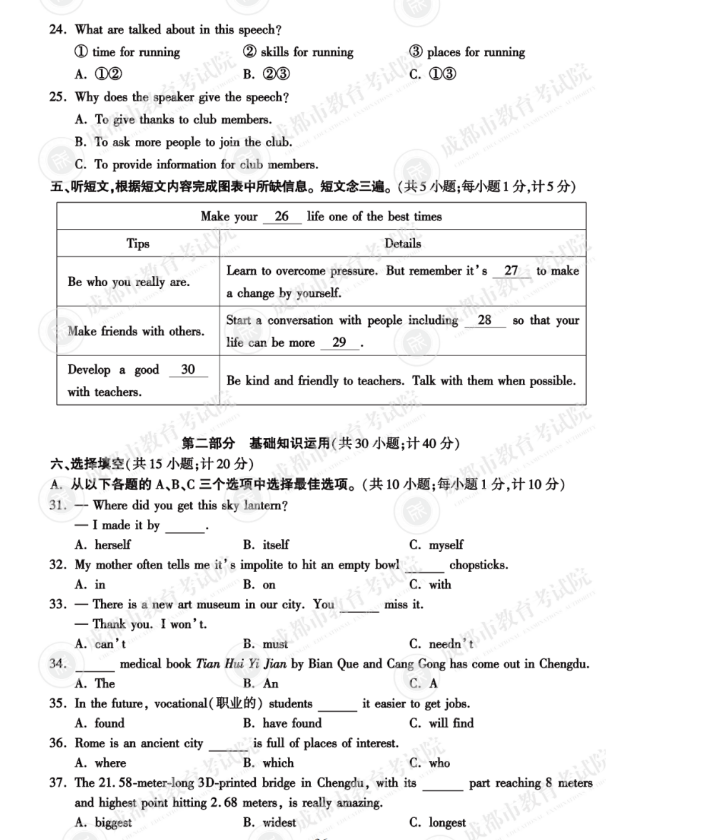 2023年成都市中考英語試卷真題及答案