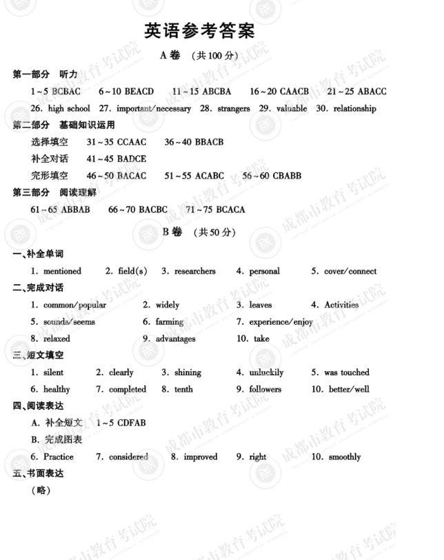 2023年成都市中考英語試卷真題及答案