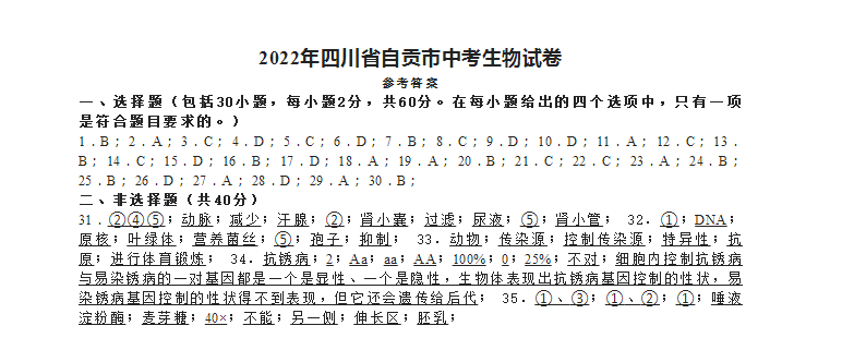 2023年自貢市中考生物試卷真題及答案