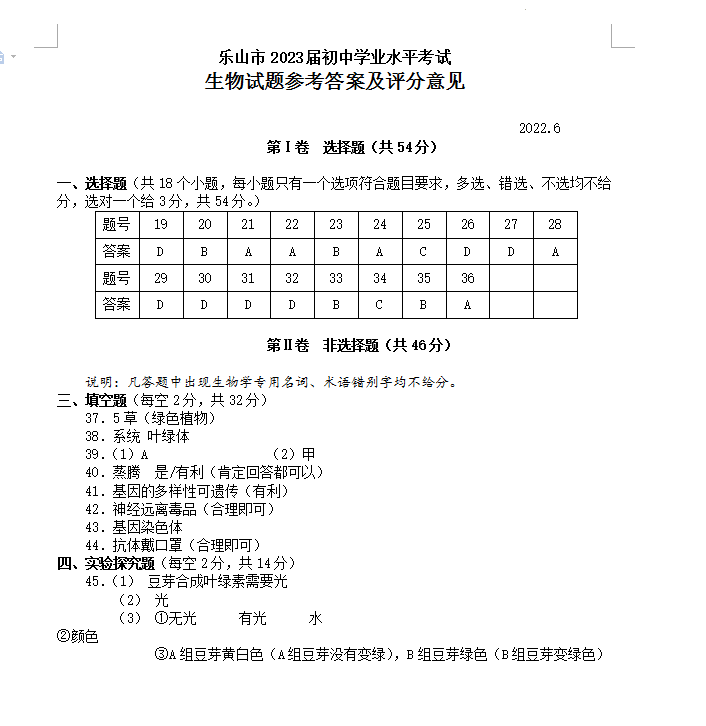 2023年樂山市中考生物試卷真題及答案