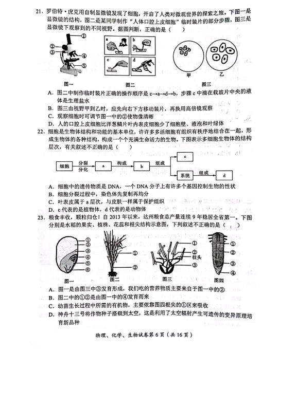 2023年達(dá)州市中考生物真題及答案