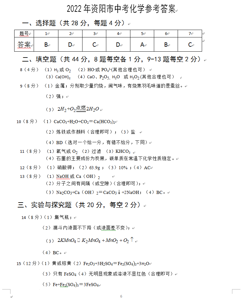 2023年資陽市中考化學(xué)真題及答案