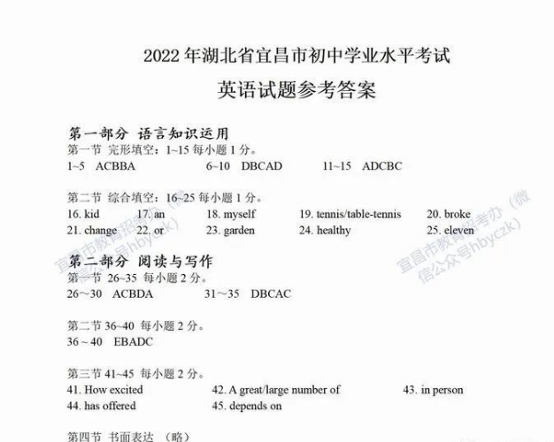 2023年宜昌市中考英語真題及答案