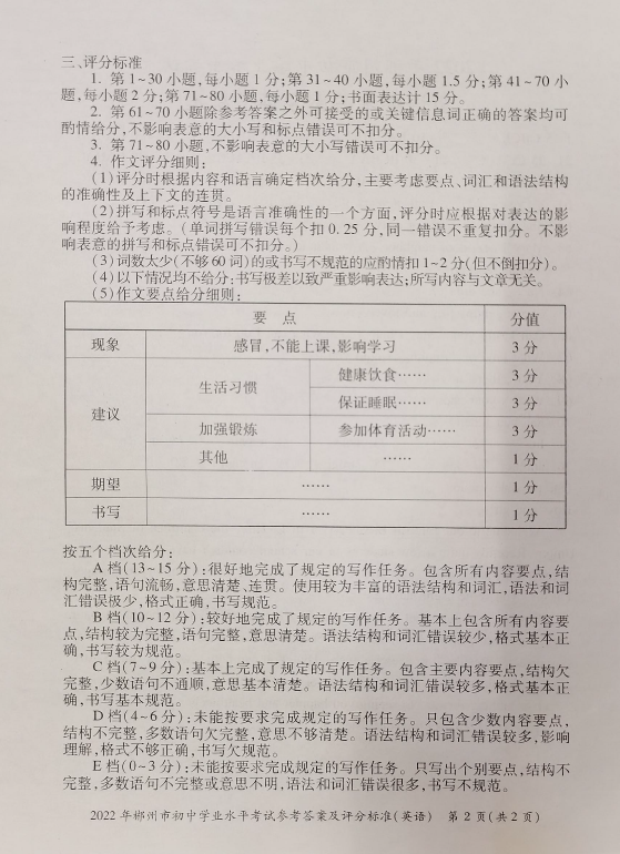 2023年郴州市中考英語試卷真題及答案