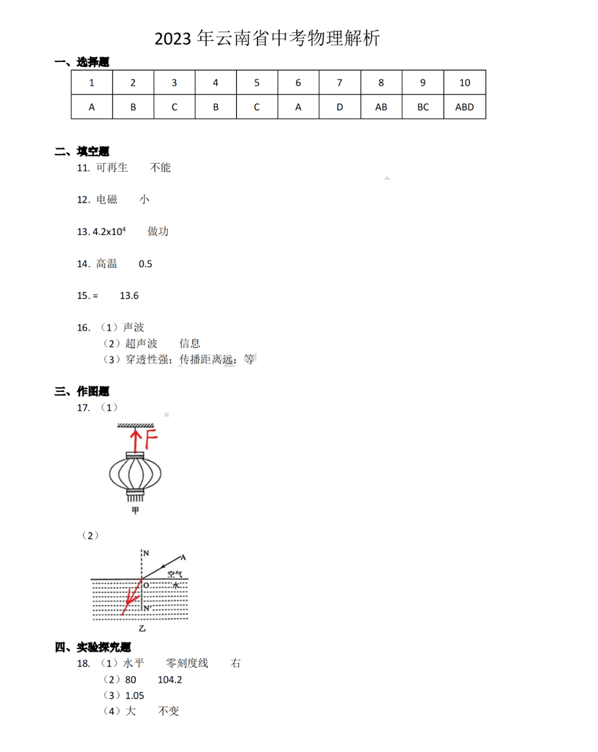 2023年云南中考物理試卷真題及答案