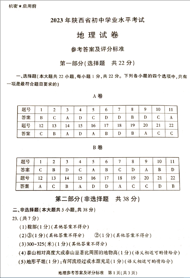 2023年榆林中考地理試卷真題及答案