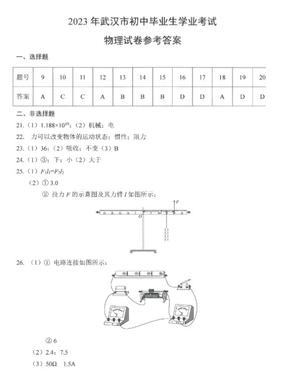 2023年武漢中考物理試卷真題及答案