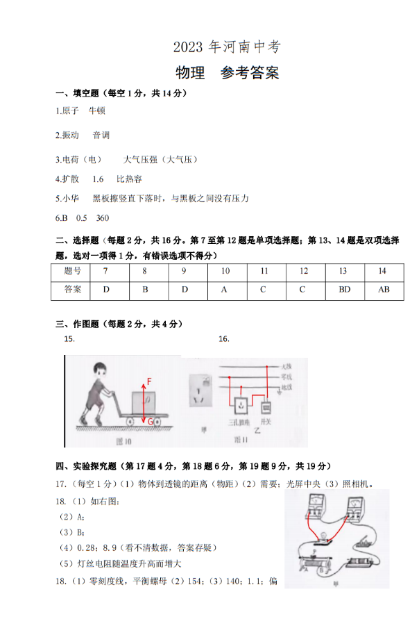 2023年河南中考物理試卷真題及答案