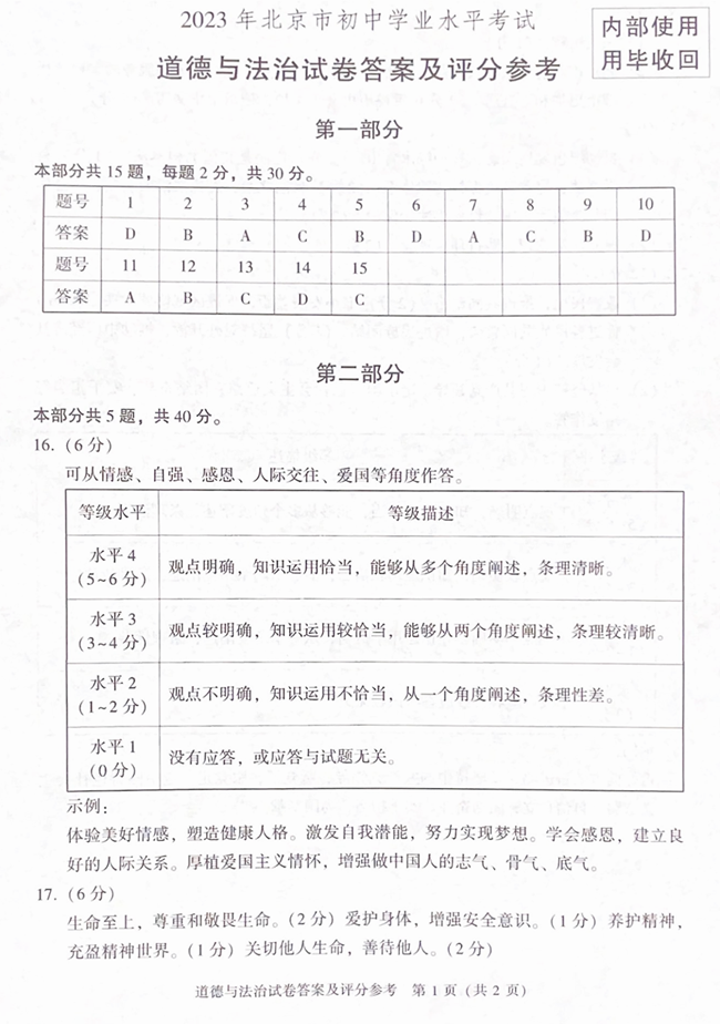 2024年北京中考道德與法治試卷真題及答案解析