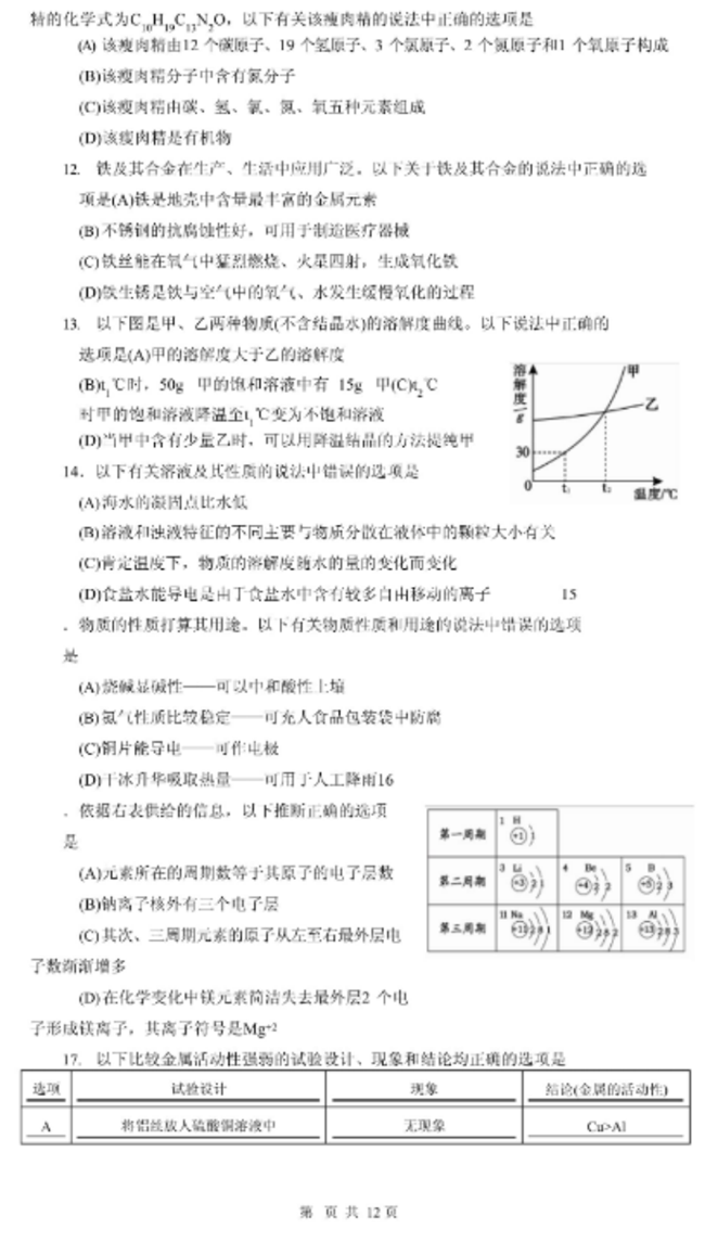 2024年南京中考化學(xué)試卷真題及答案解析