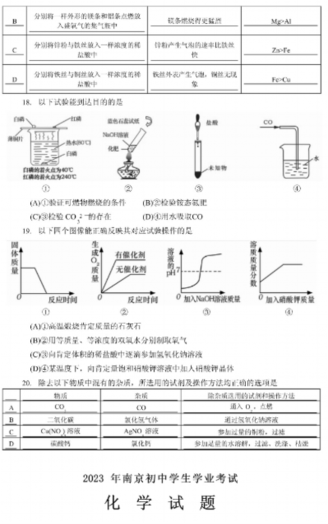 2024年南京中考化學(xué)試卷真題及答案解析