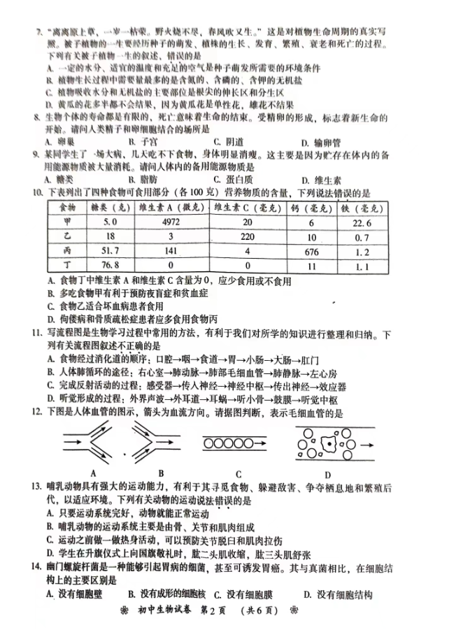 2024年衡陽中考生物試卷真題及答案解析